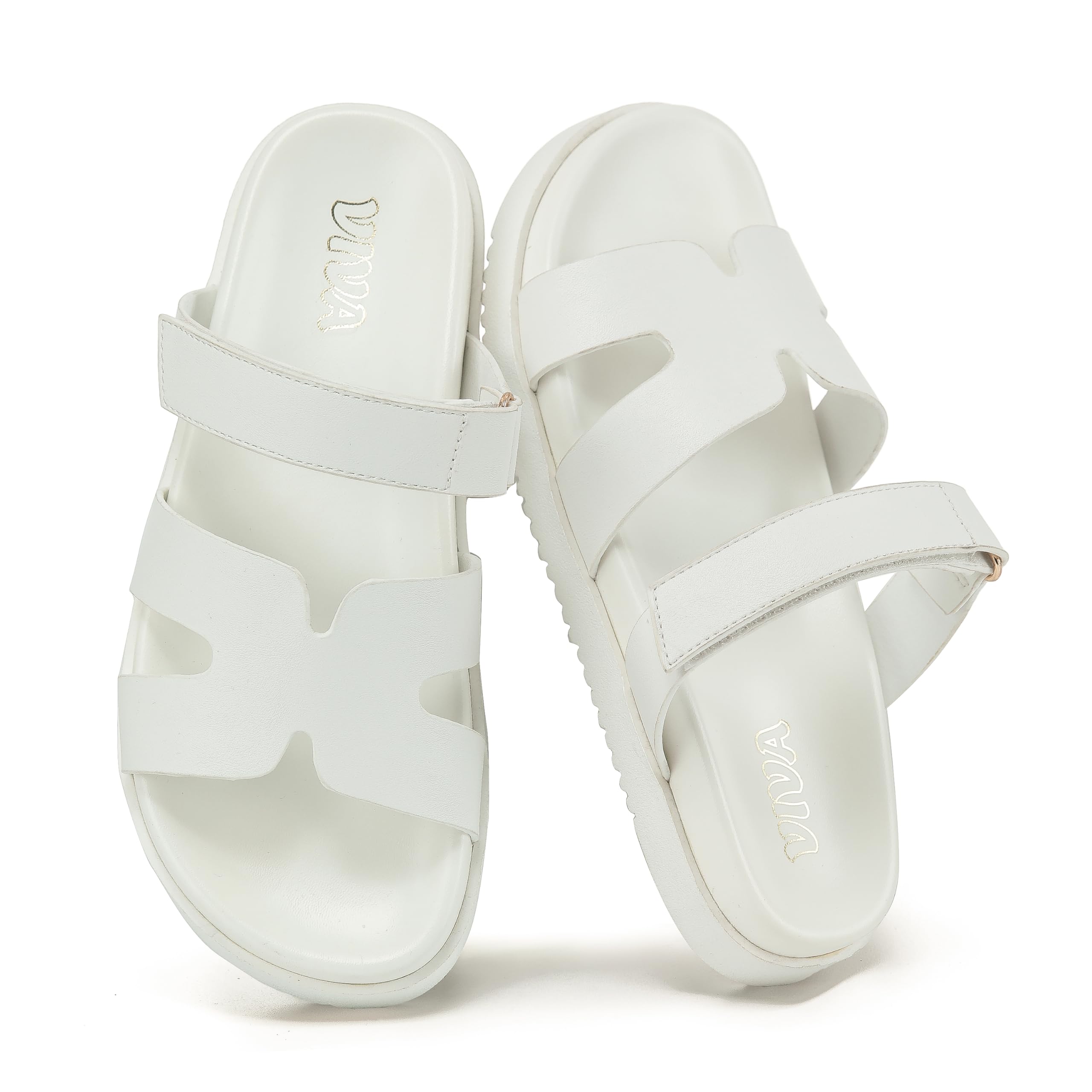White Chunky Flat Sandals with Adjustable Strap