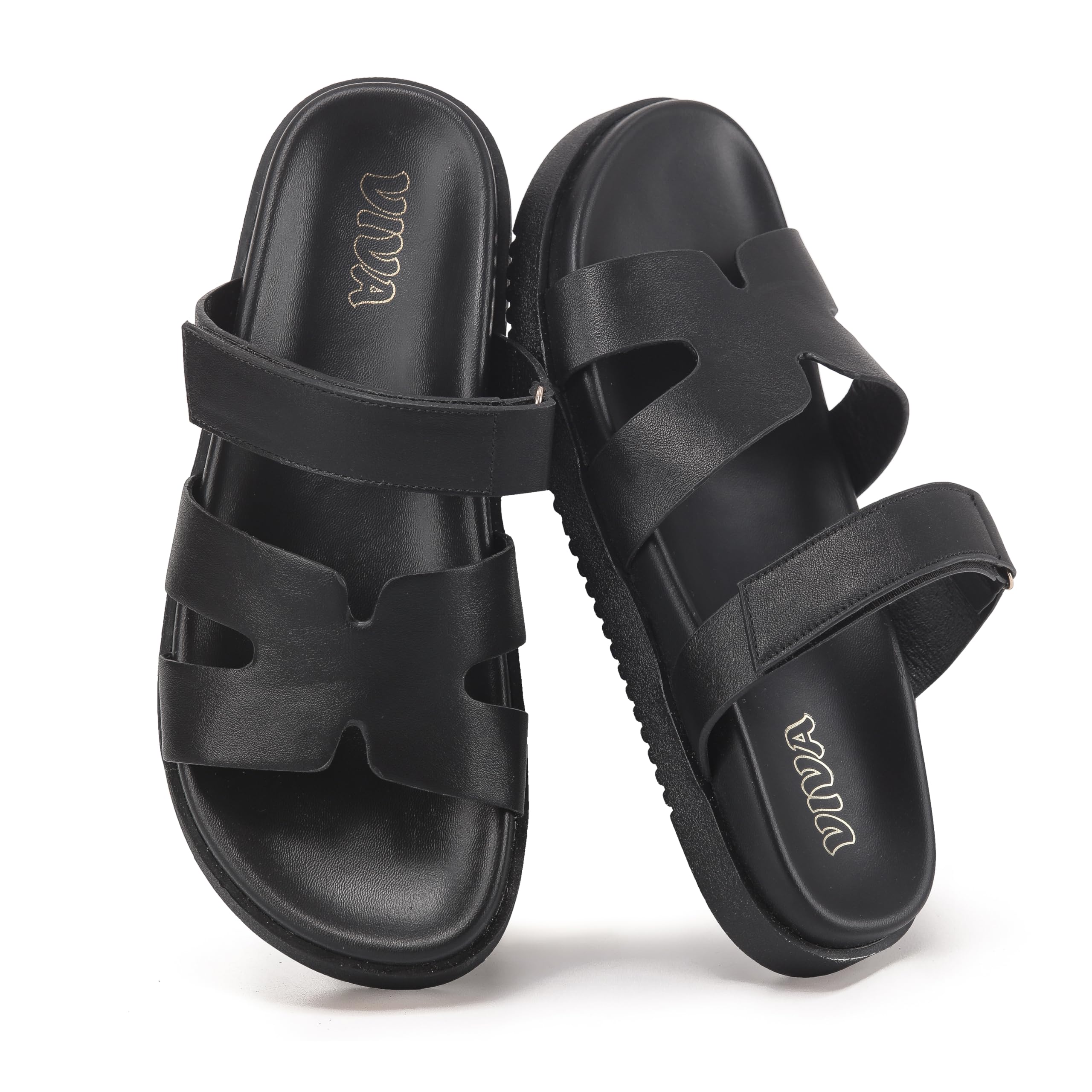Black Chunky Flat Sandals with Adjustable Strap