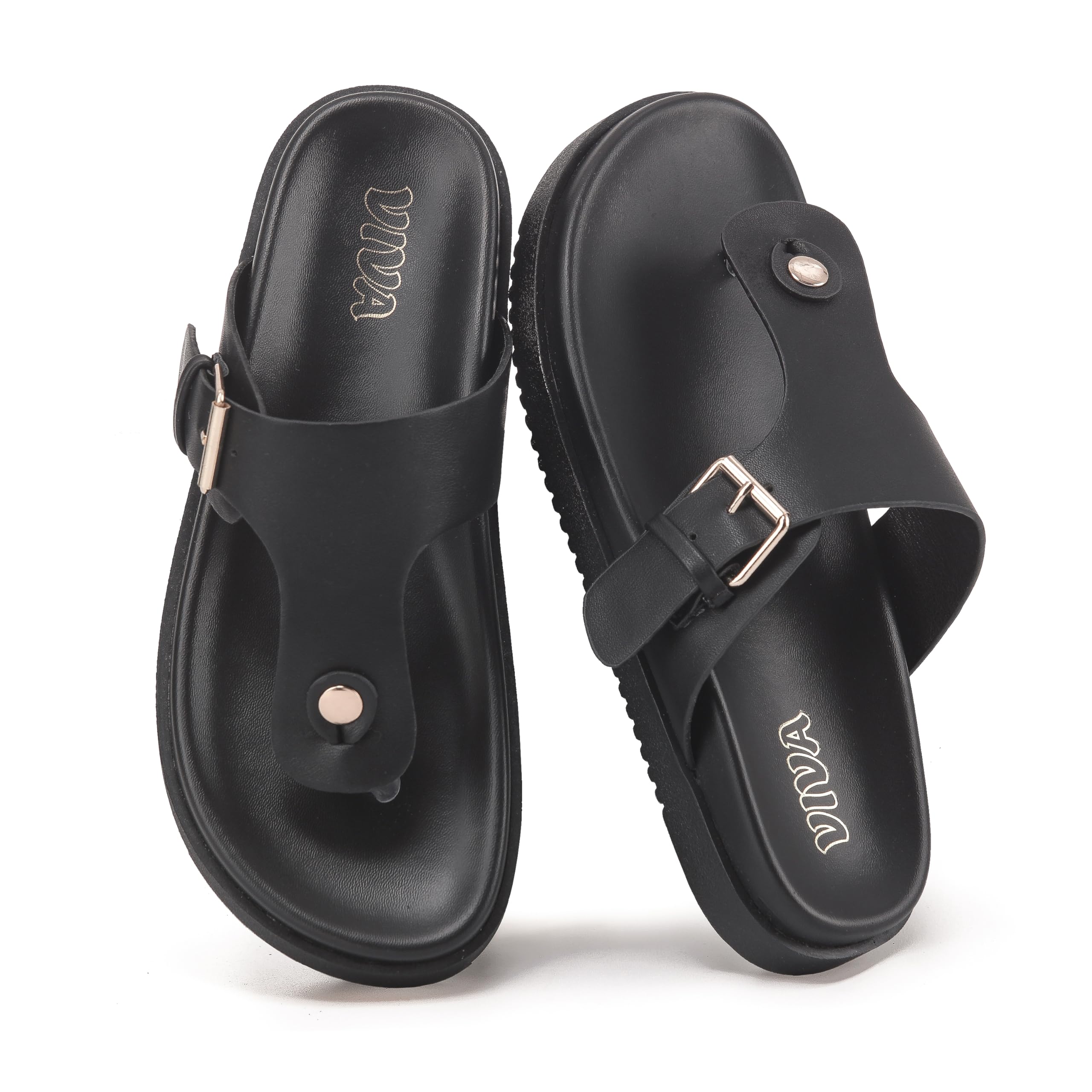 Black Flat Sandals with Buckle Strap