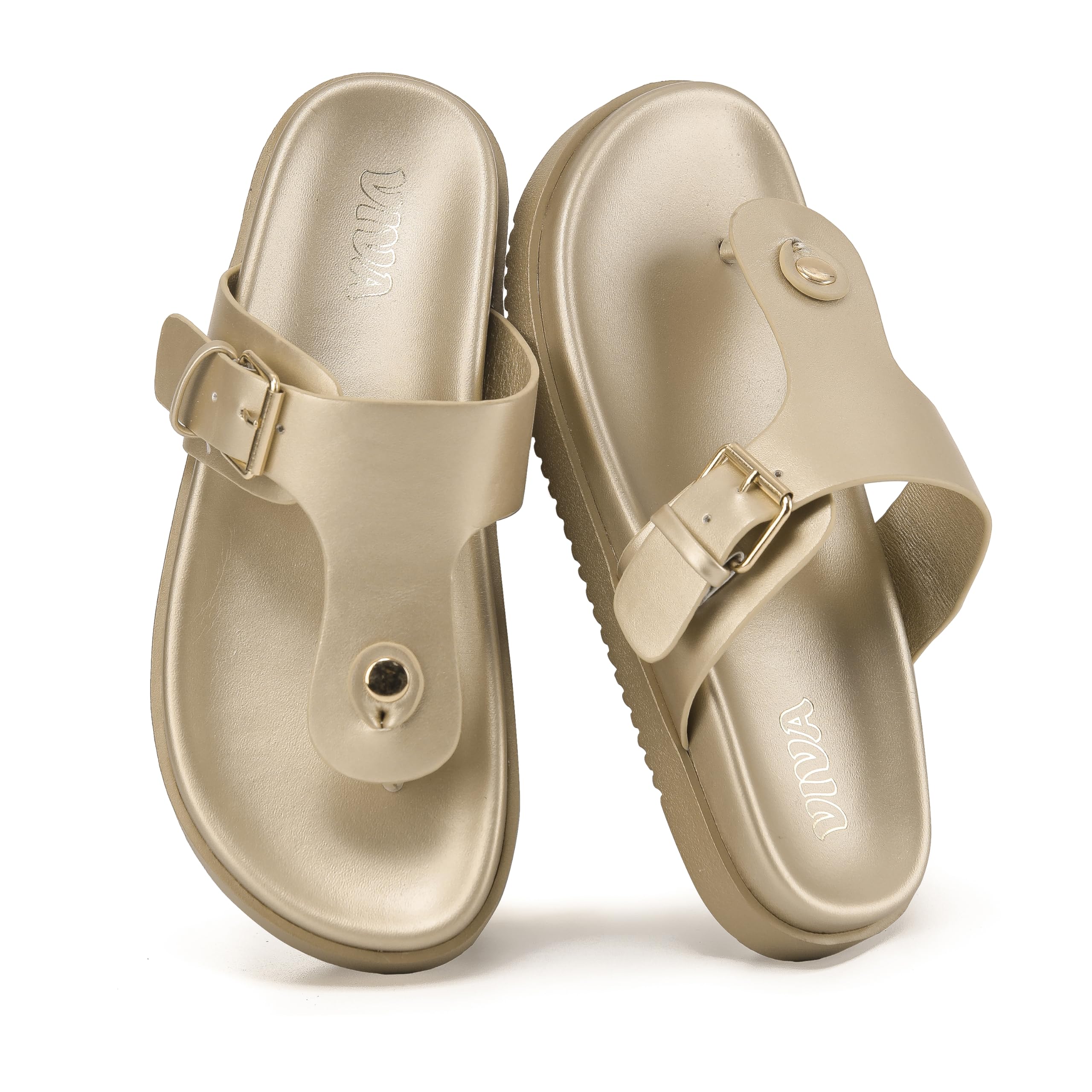 Metallic Gold Flat Sandals with Buckle Strap