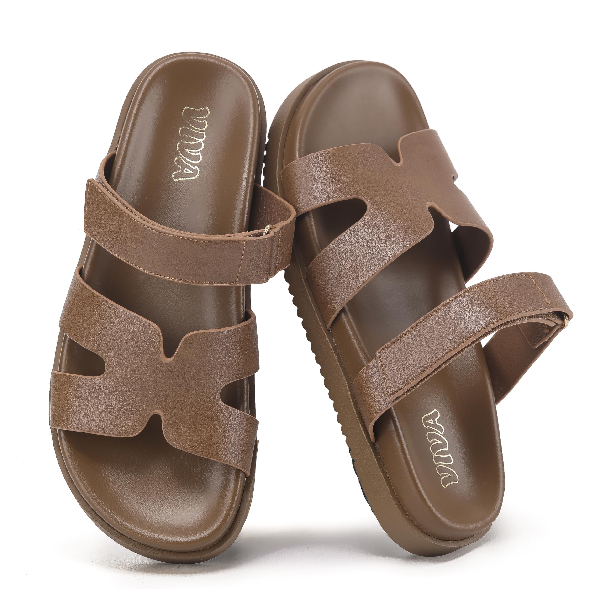 Brown Chunky Flat Sandals with Adjustable Strap