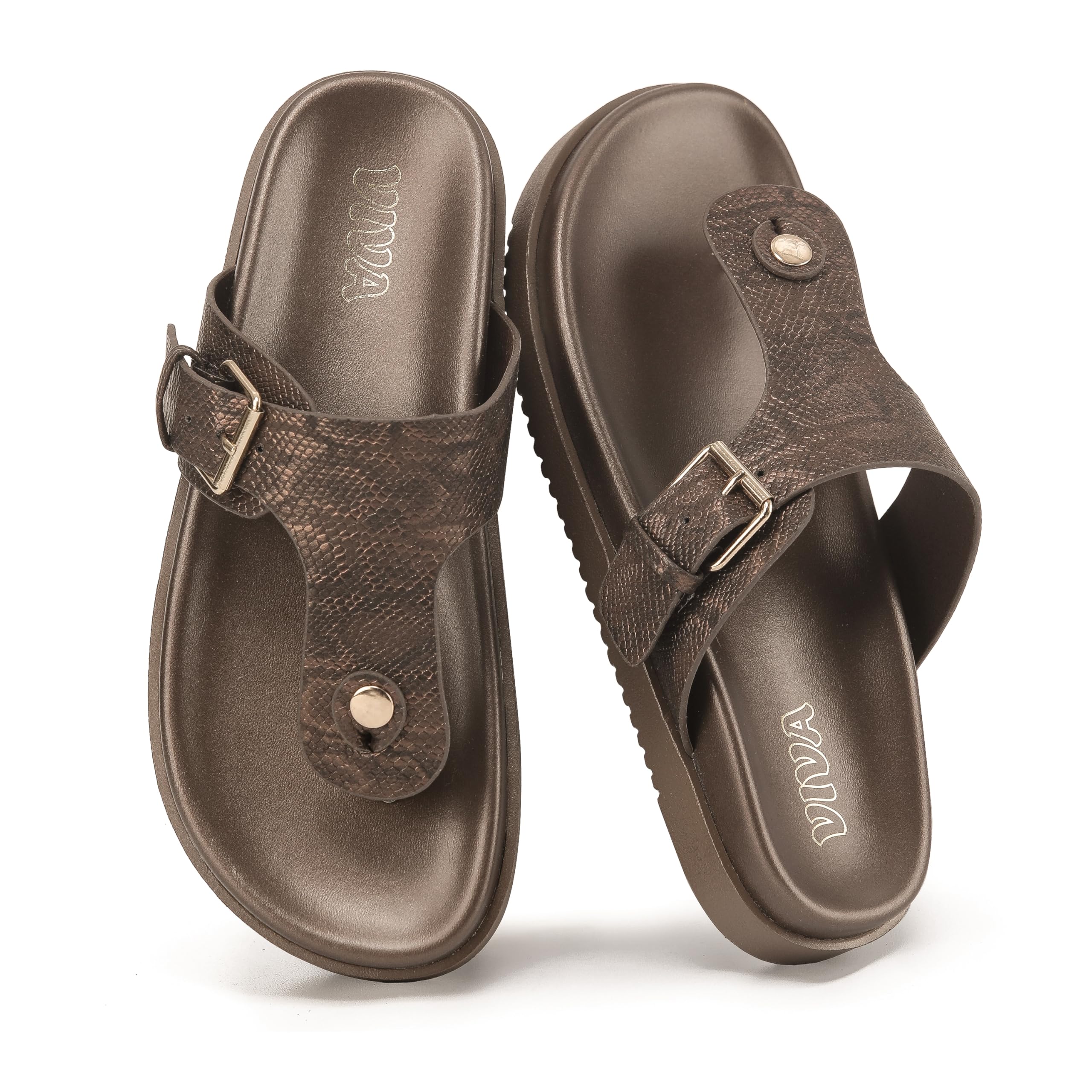Bronze Flat Sandals with Buckle Strap
