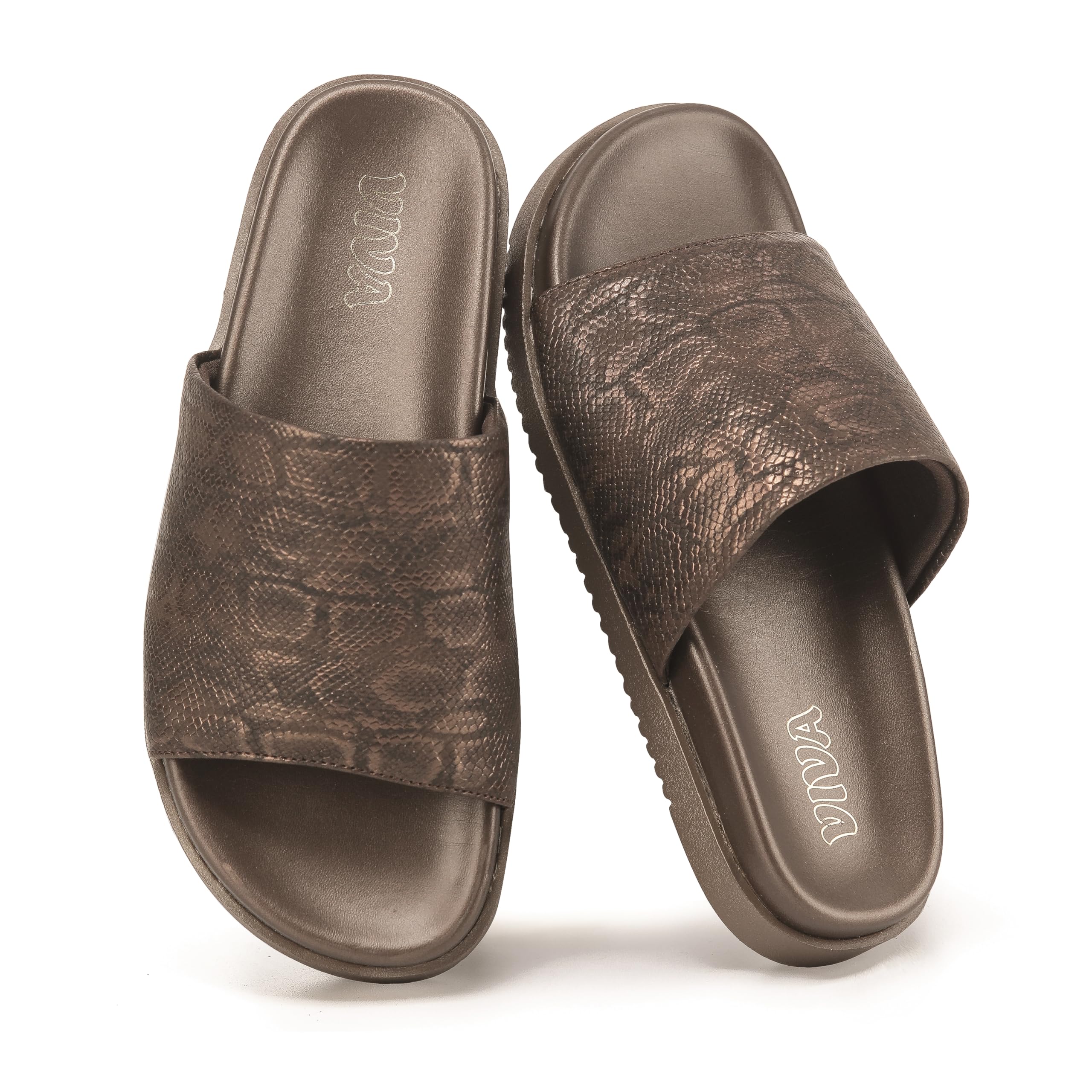 Metallic Bronze Flat Slider Sandal Slides