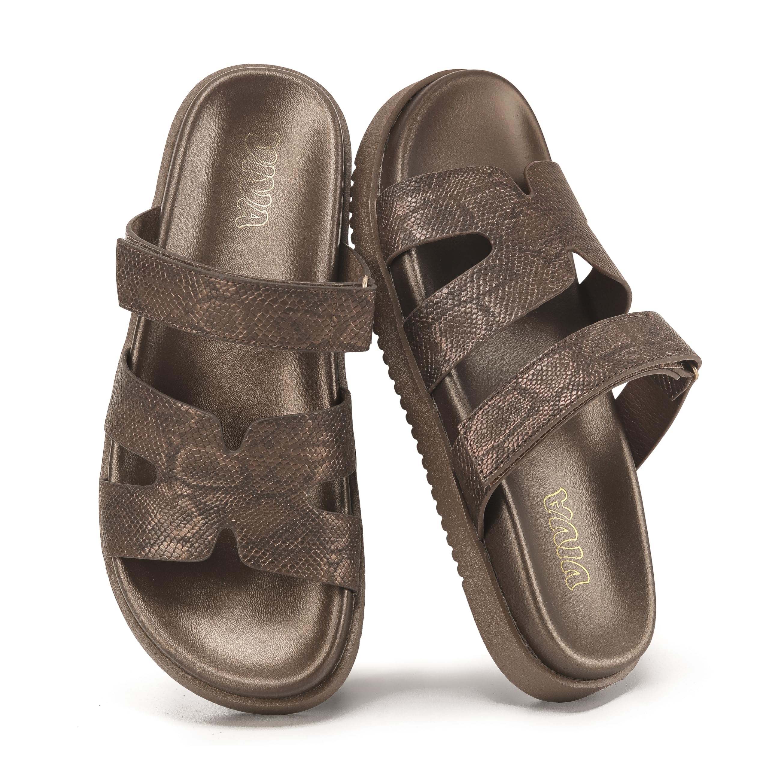 Bronze Chunky Flat Sandals with Adjustable Strap