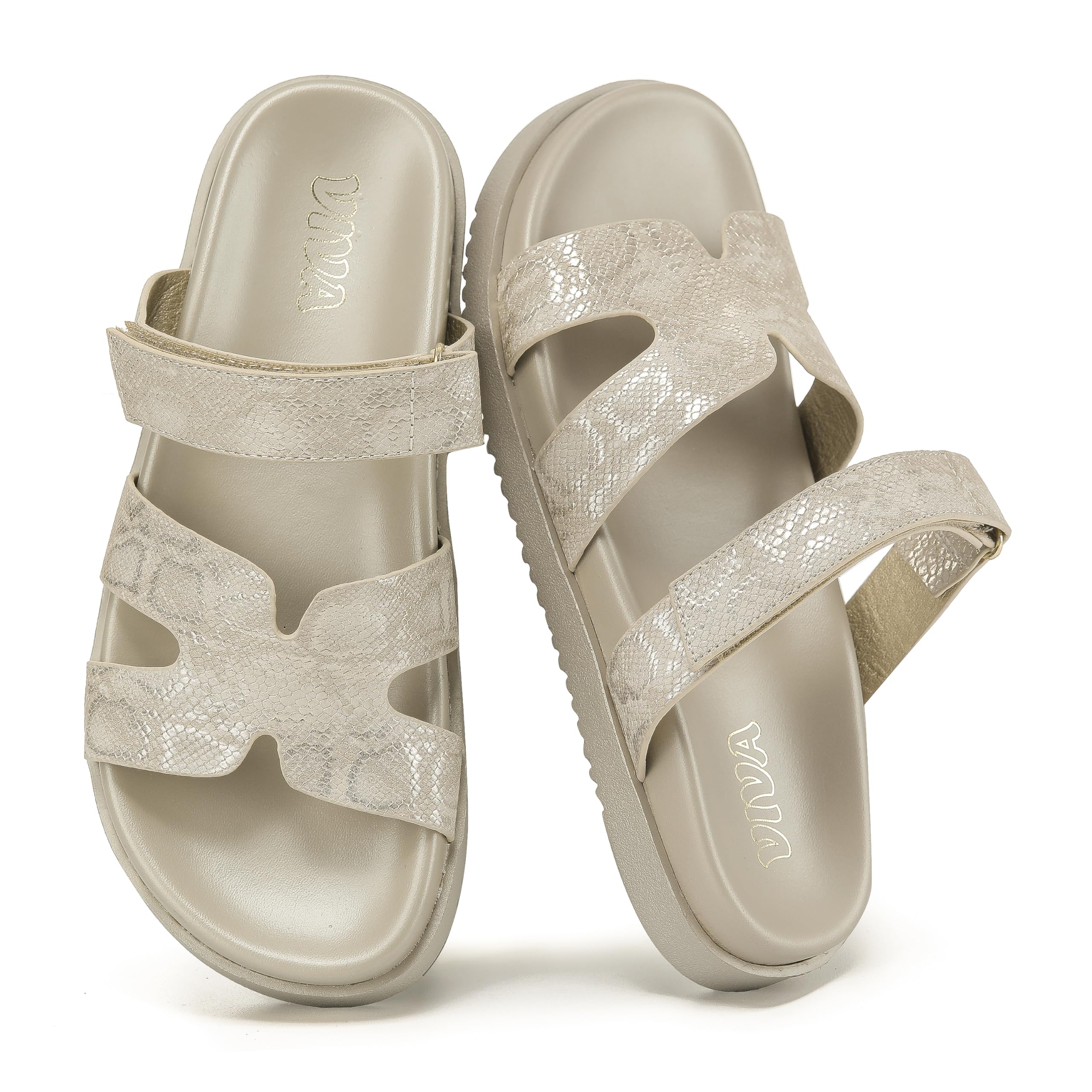 Gold Chunky Flat Sandals with Adjustable Strap