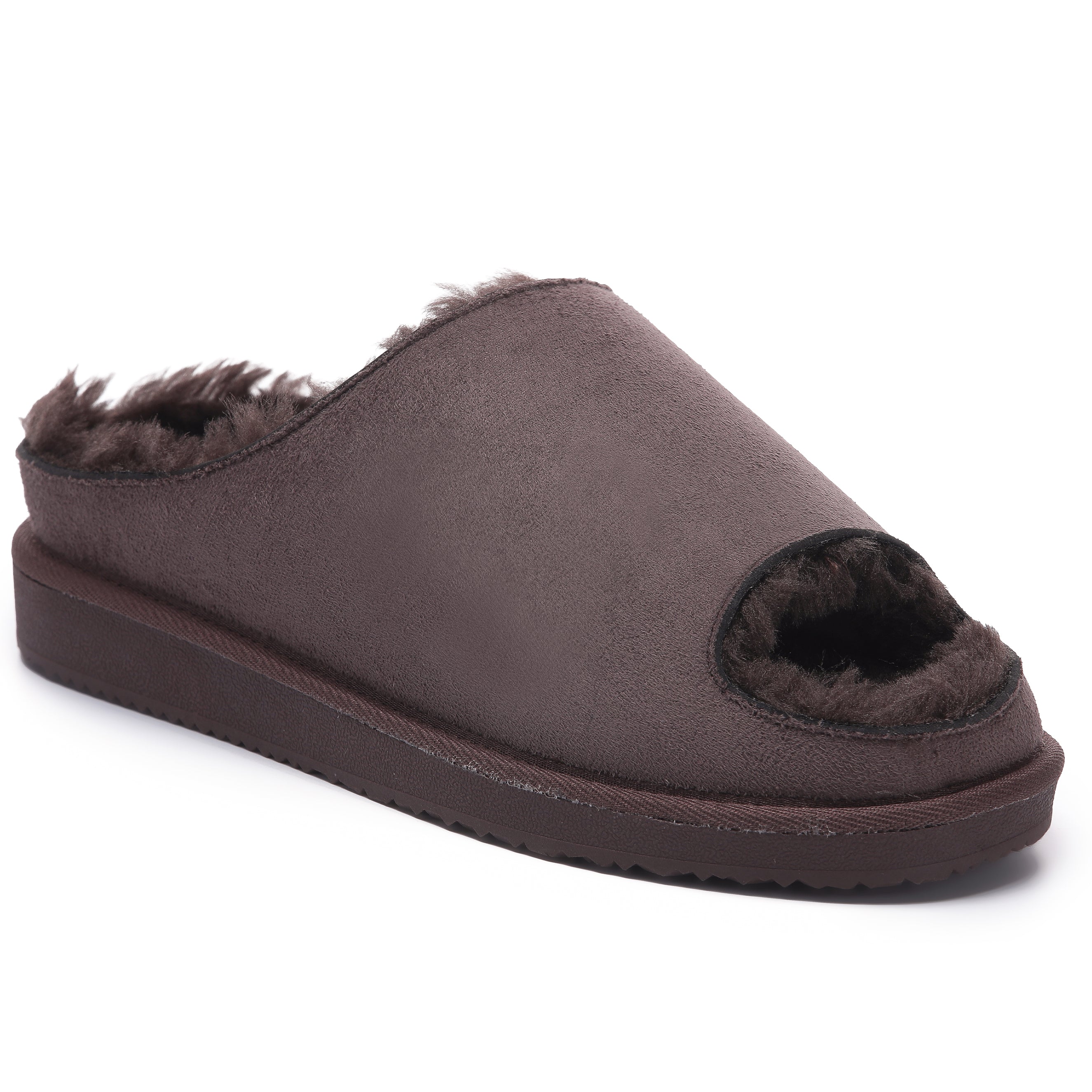 ELISE: Fur Lined Open Toe Suede Slippers