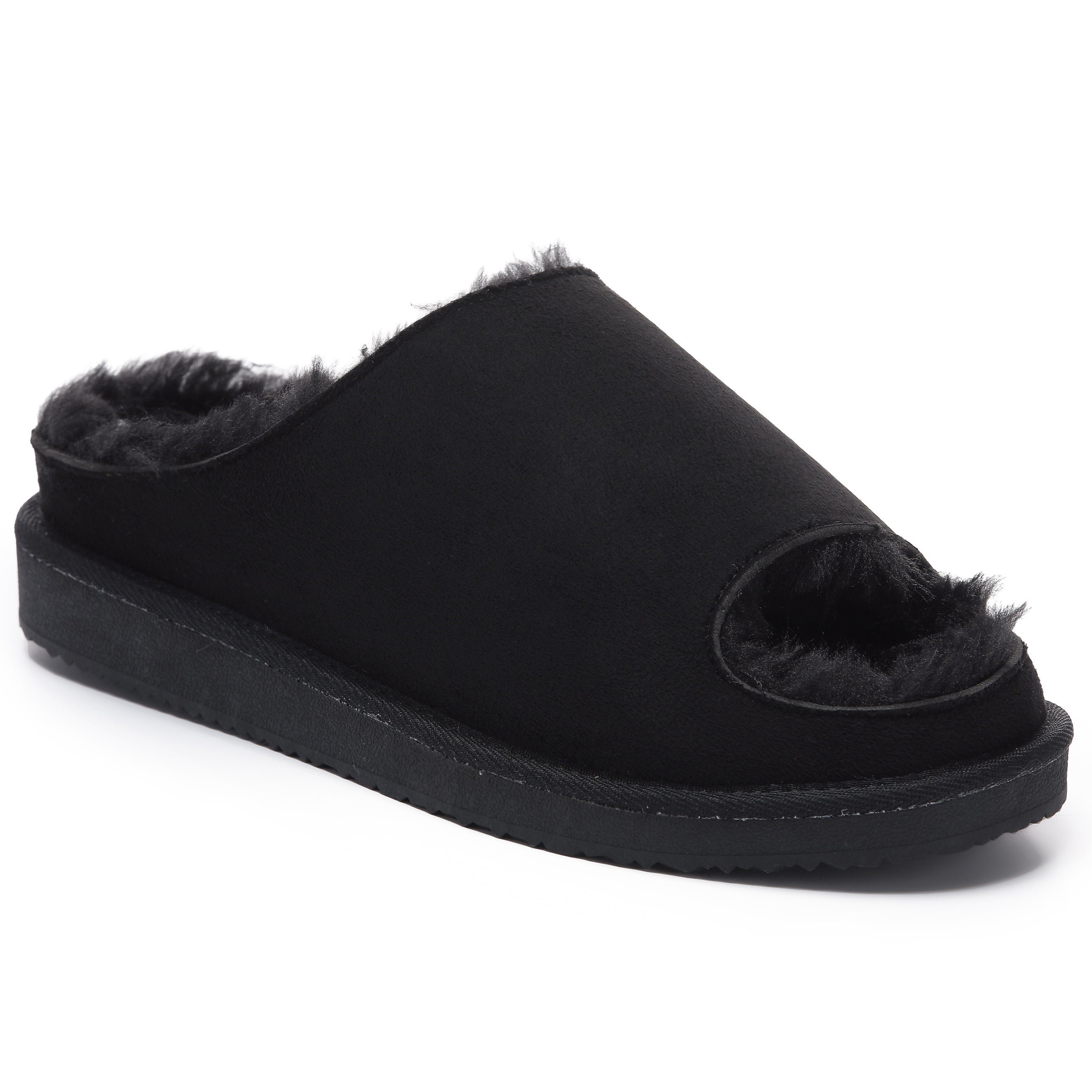 ELISE: Fur Lined Open Toe Suede Slippers