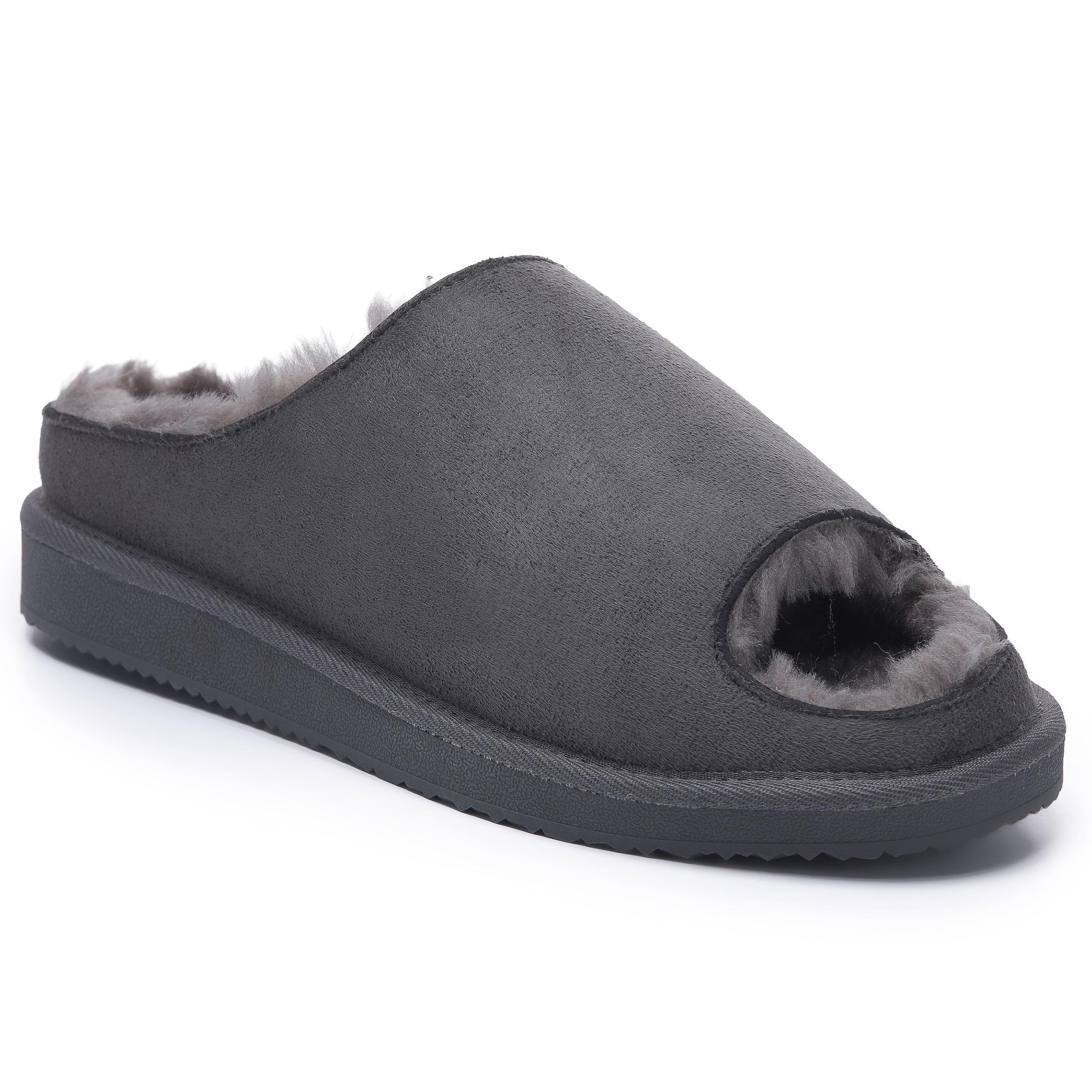 ELISE: Fur Lined Open Toe Suede Slippers