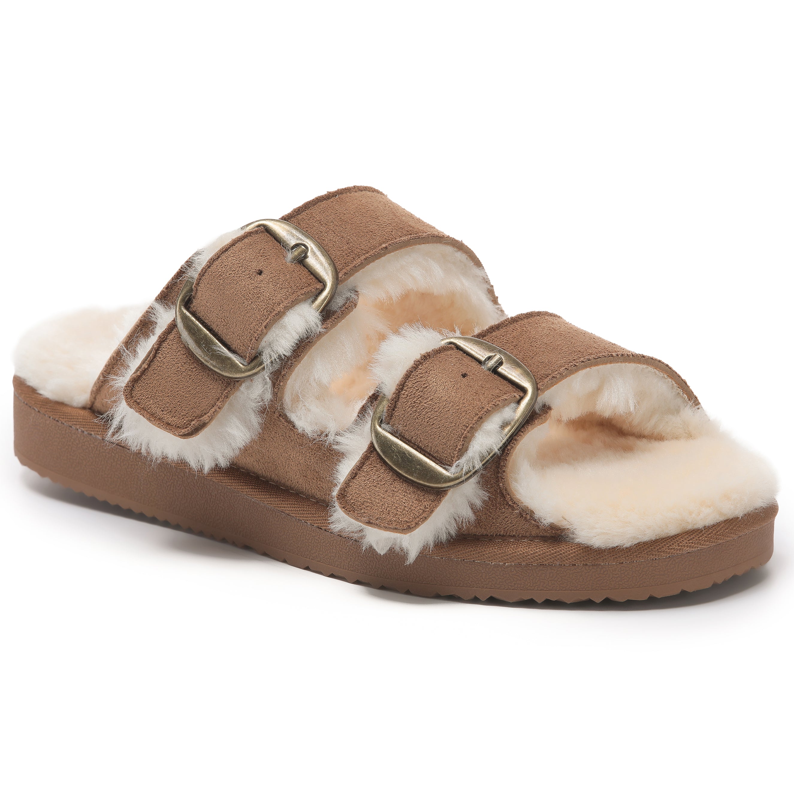 VICTORIA: Open-Toe Fur Lined Buckle Sandals
