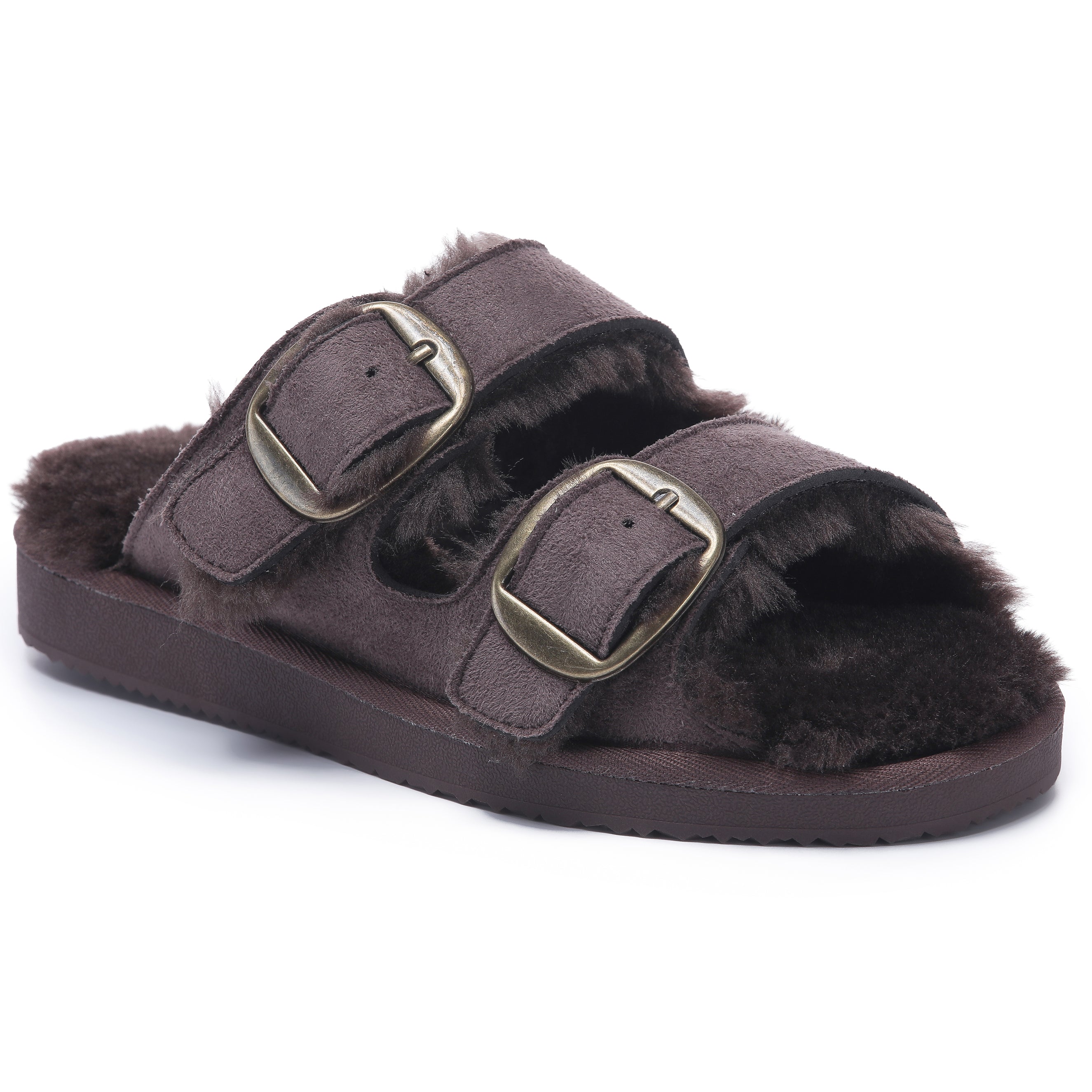 VICTORIA: Open-Toe Fur Lined Buckle Sandals