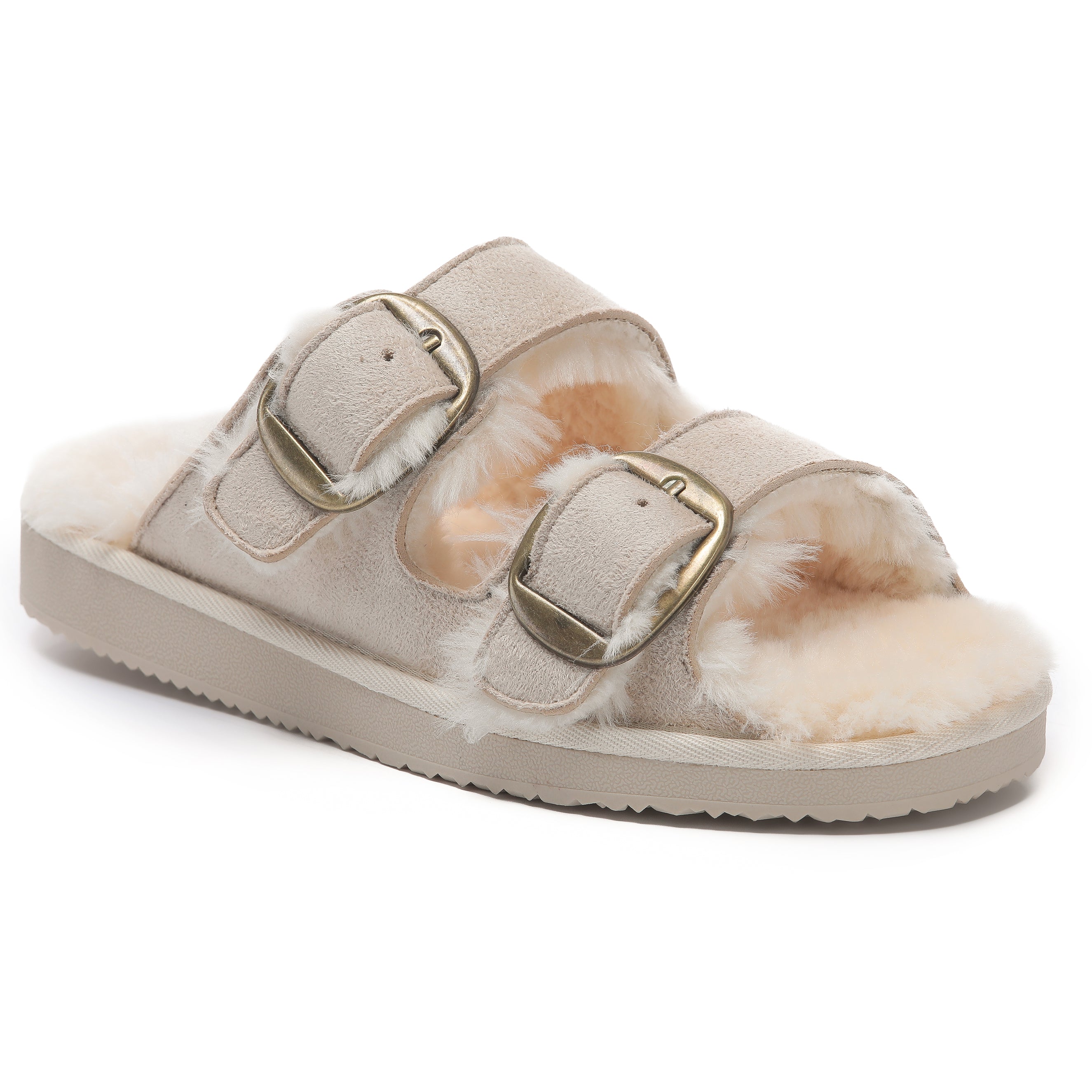 VICTORIA: Open-Toe Fur Lined Buckle Sandals