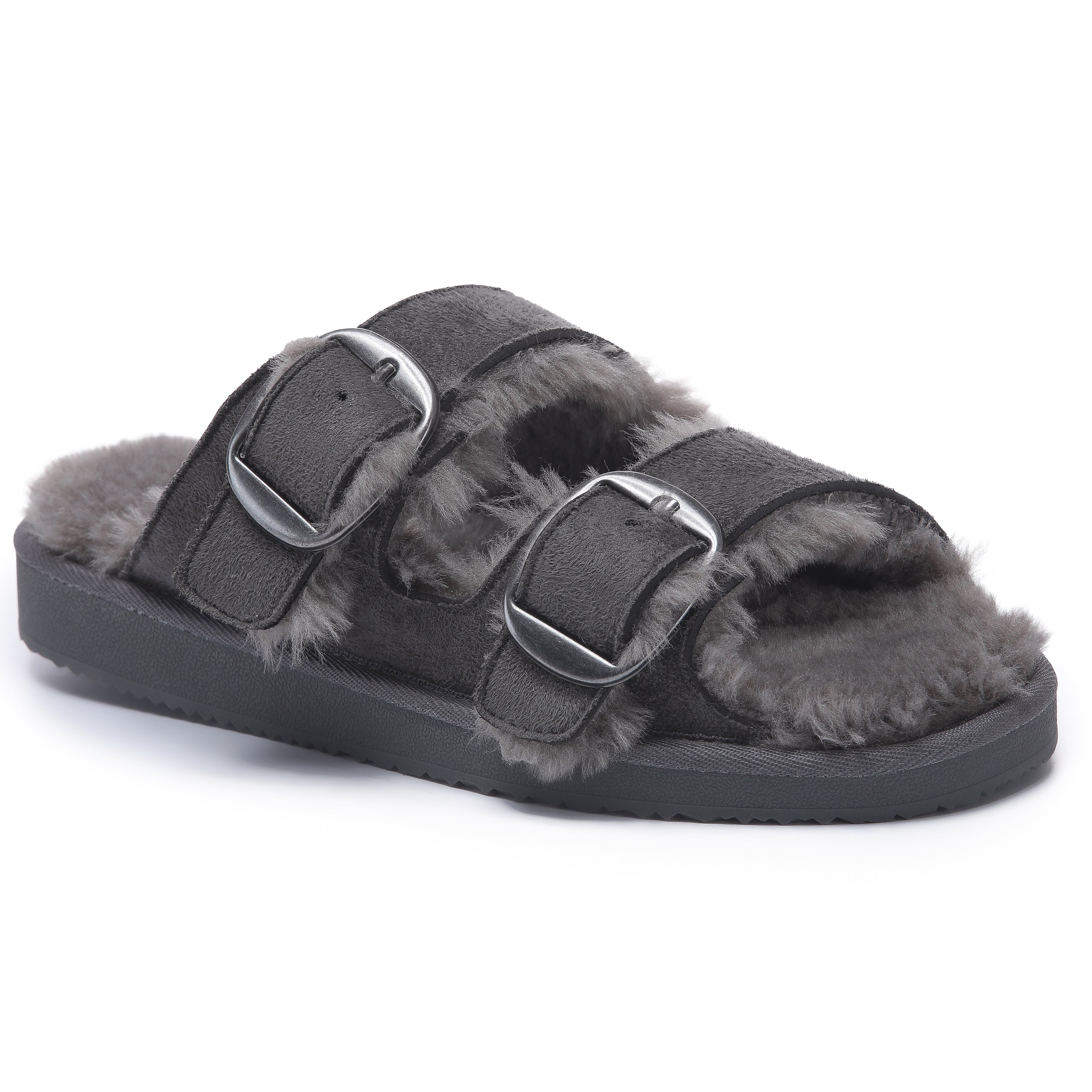 VICTORIA: Open-Toe Fur Lined Buckle Sandals