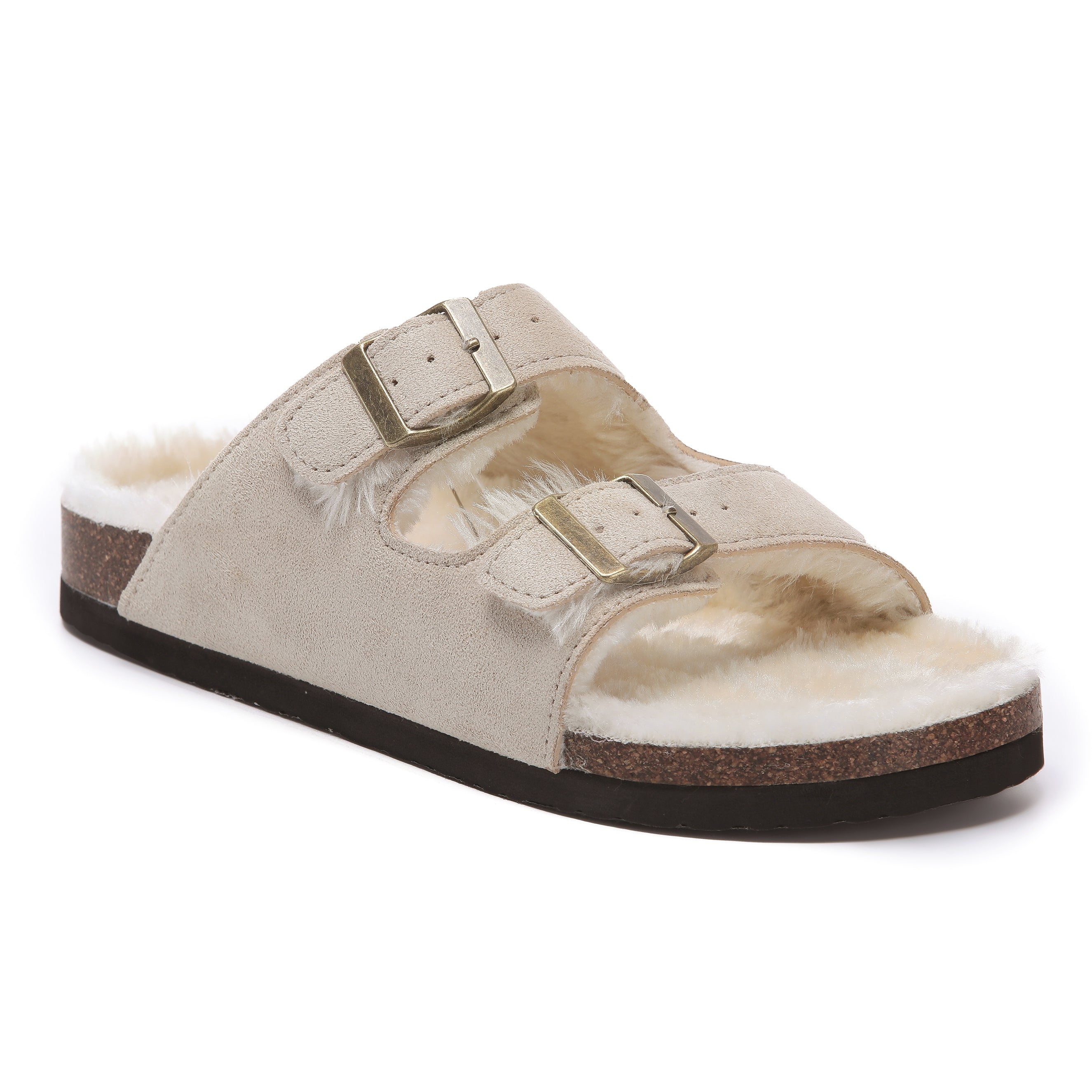 CRYSTAL: Suede Open Toe Twin Buckle Sandals