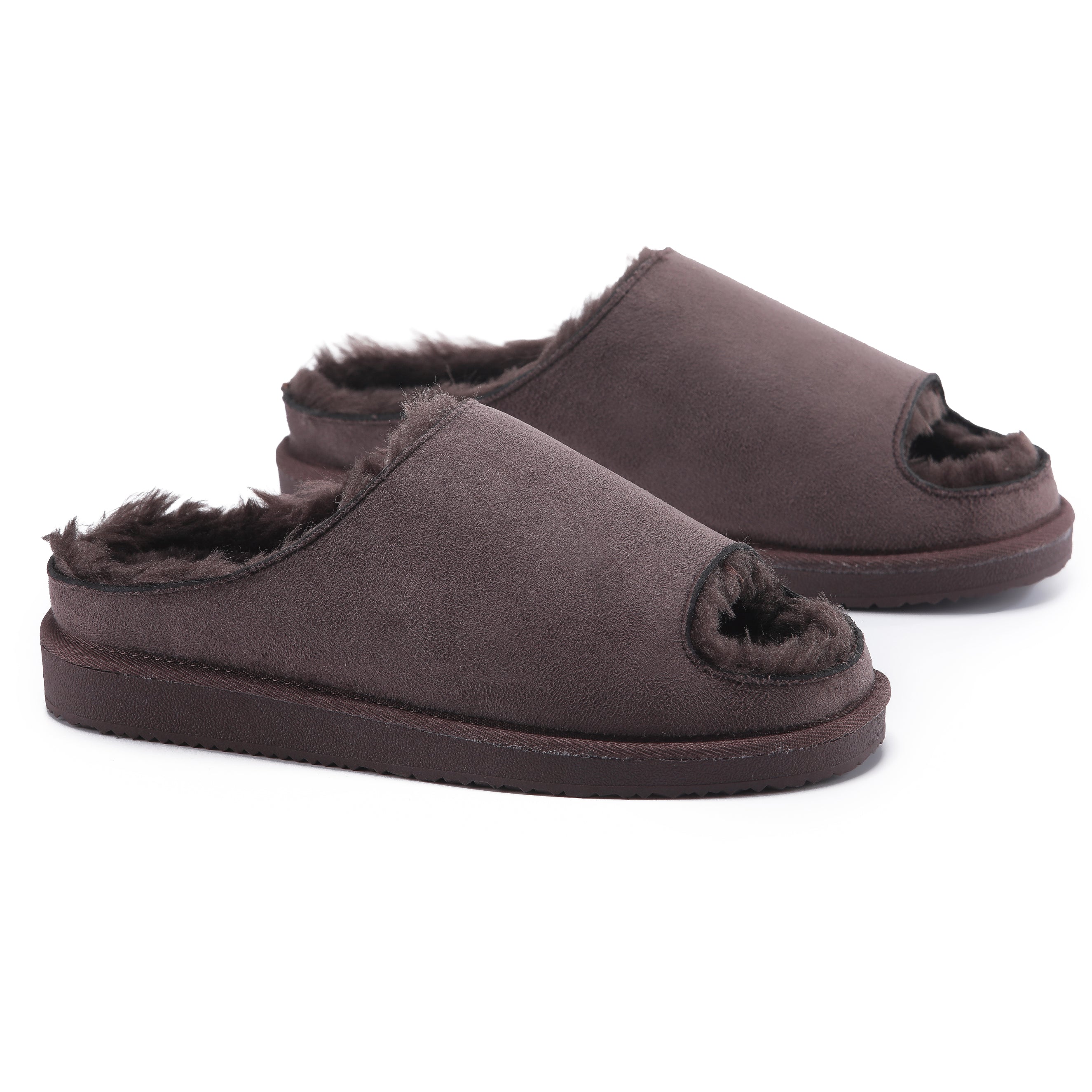 ELISE: Fur Lined Open Toe Suede Slippers