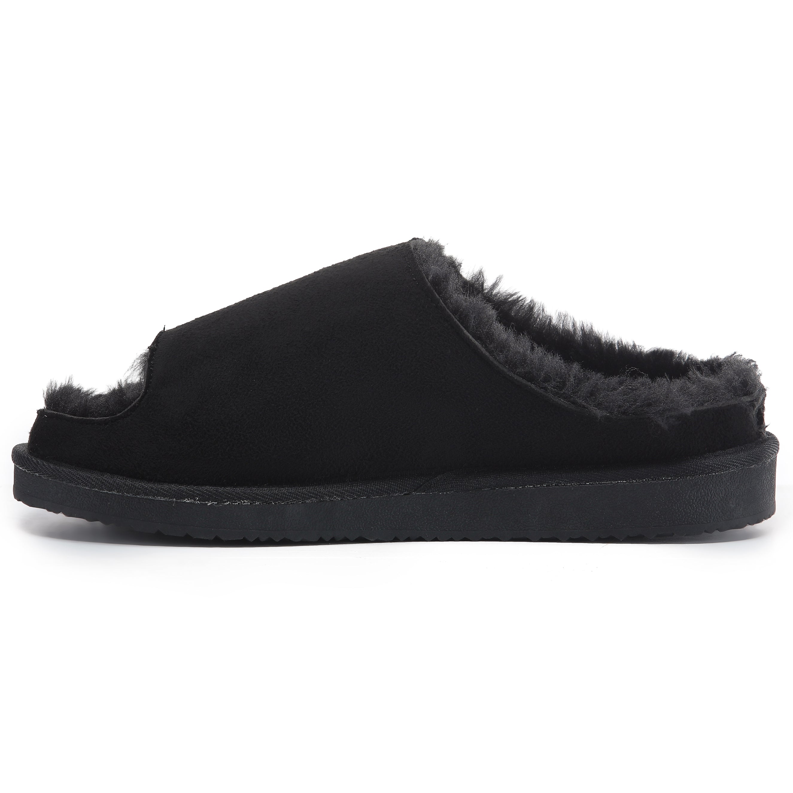 ELISE: Fur Lined Open Toe Suede Slippers