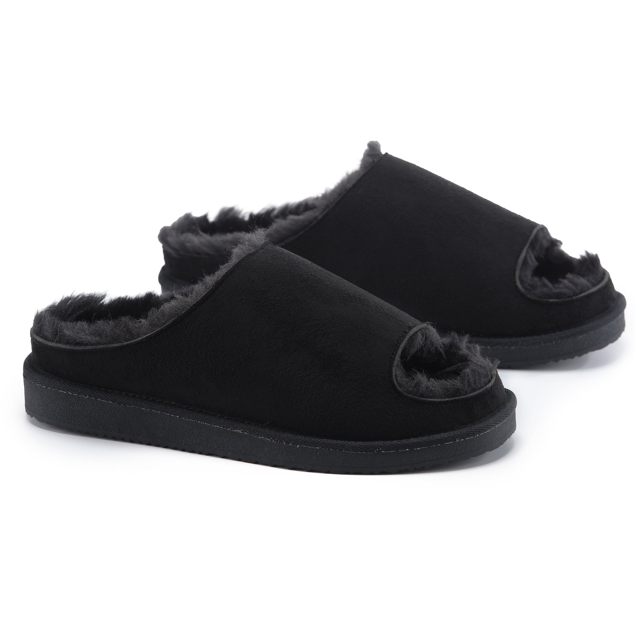 ELISE: Fur Lined Open Toe Suede Slippers