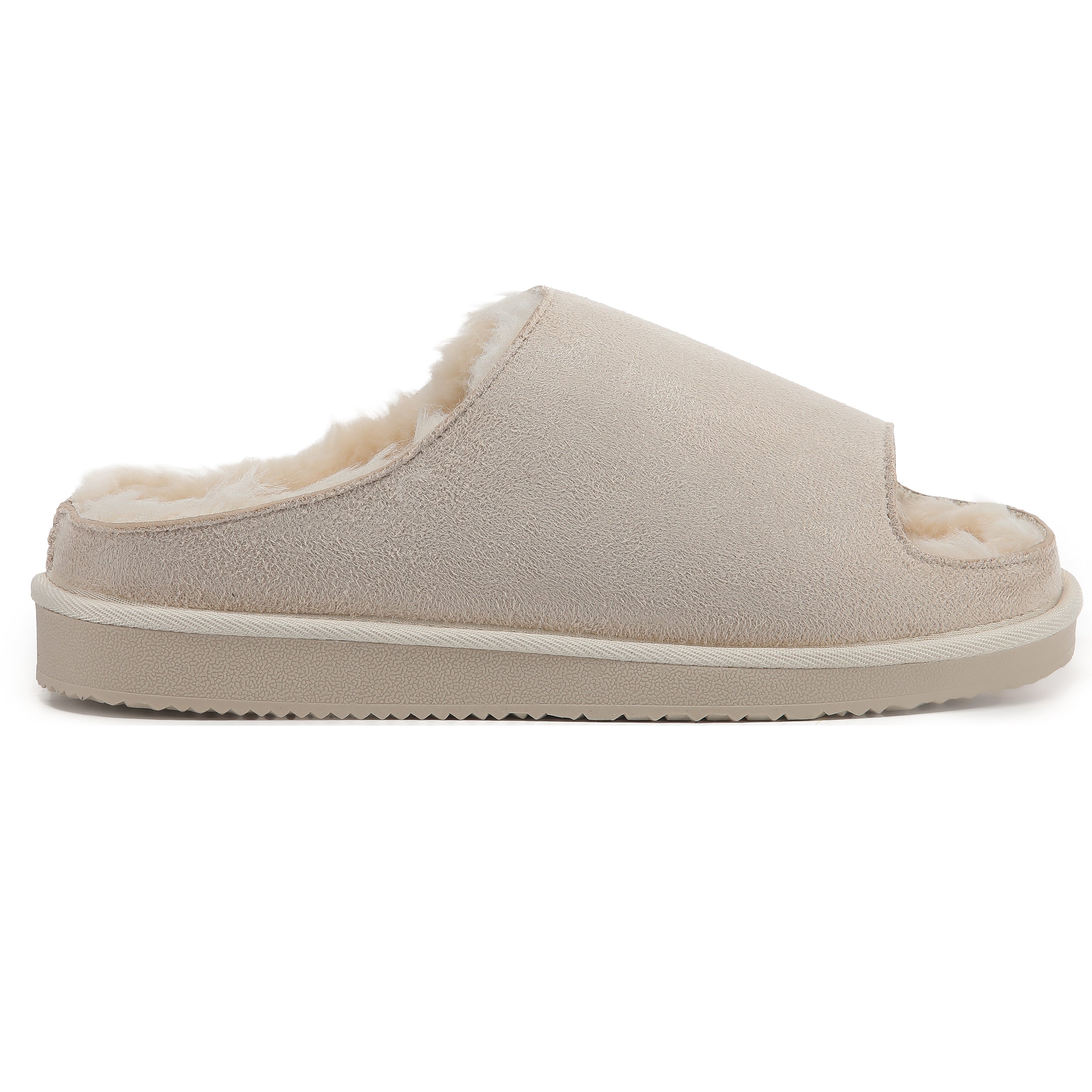 ELISE: Fur Lined Open Toe Suede Slippers