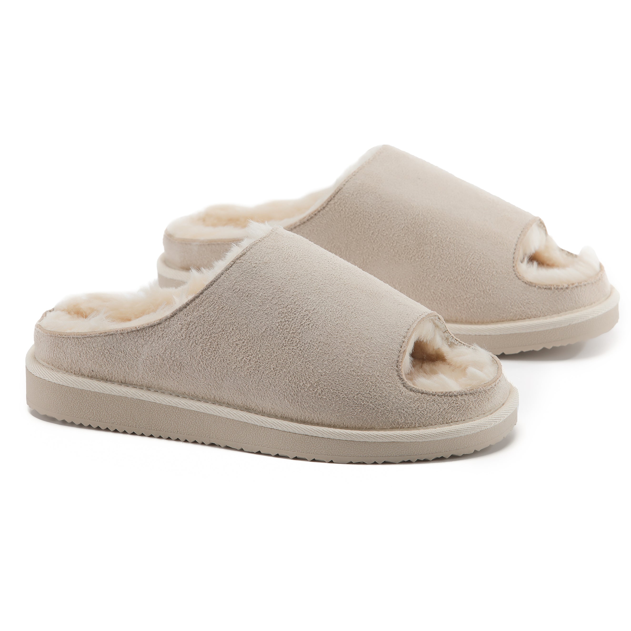ELISE: Fur Lined Open Toe Suede Slippers
