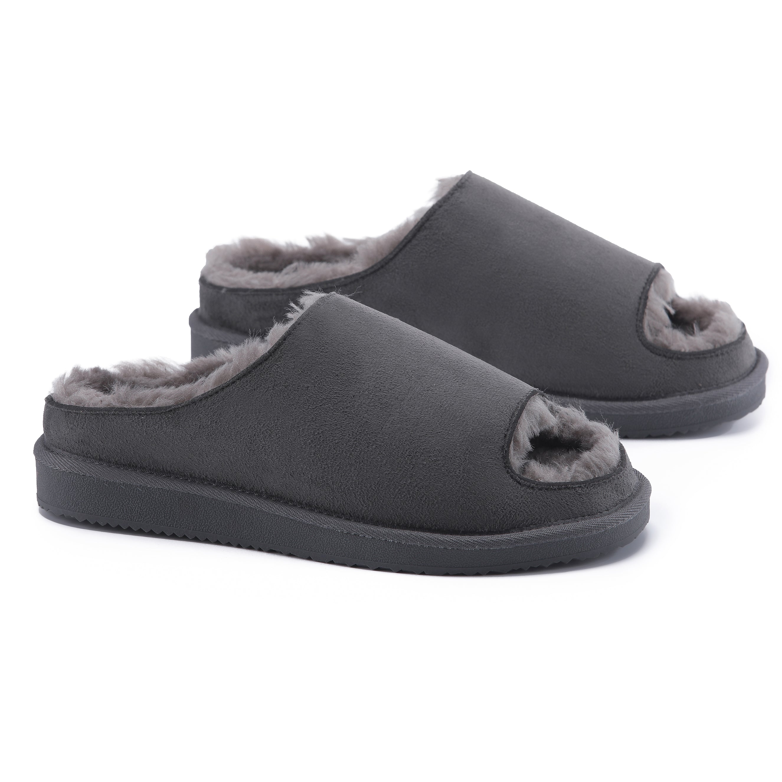 ELISE: Fur Lined Open Toe Suede Slippers