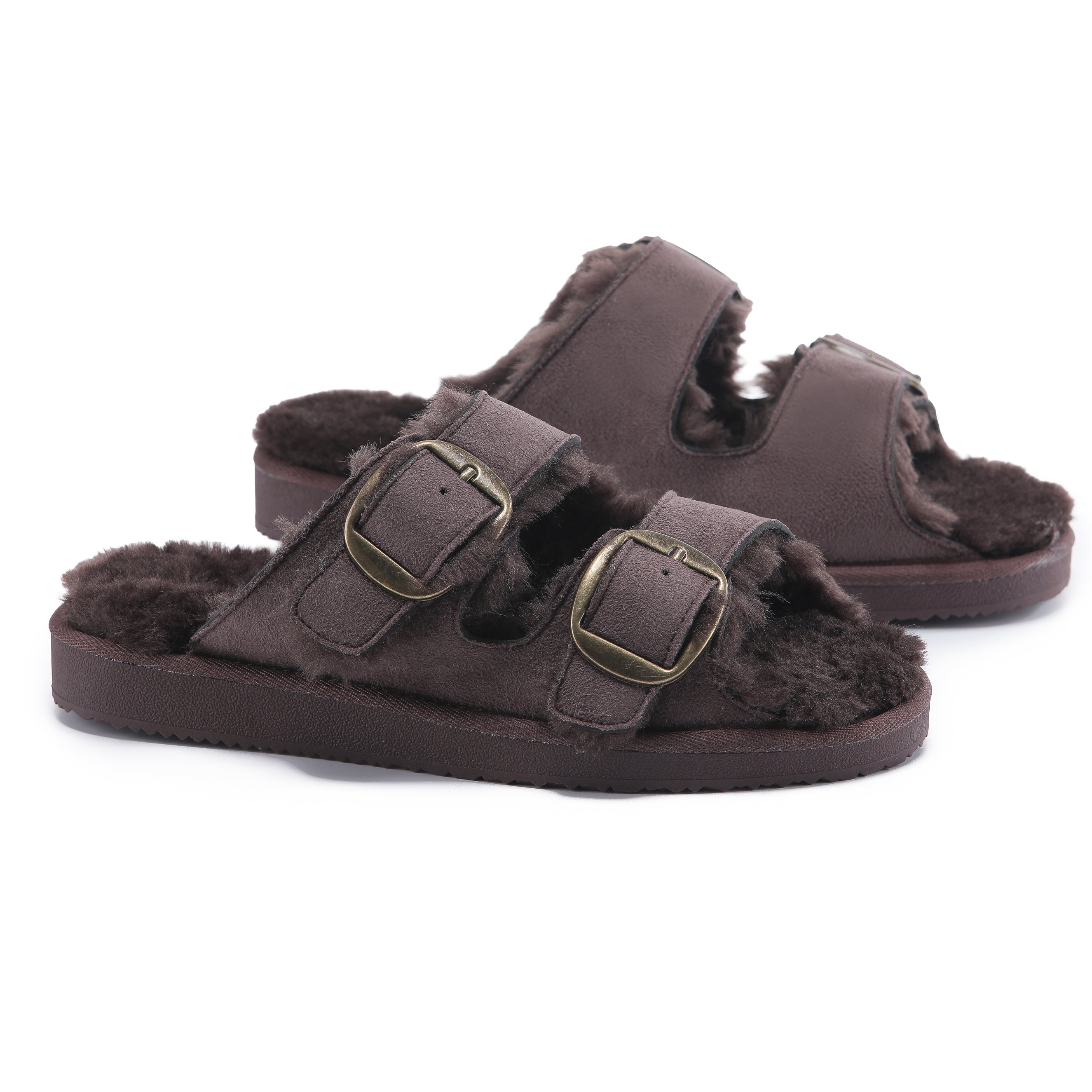 VICTORIA: Open-Toe Fur Lined Buckle Sandals