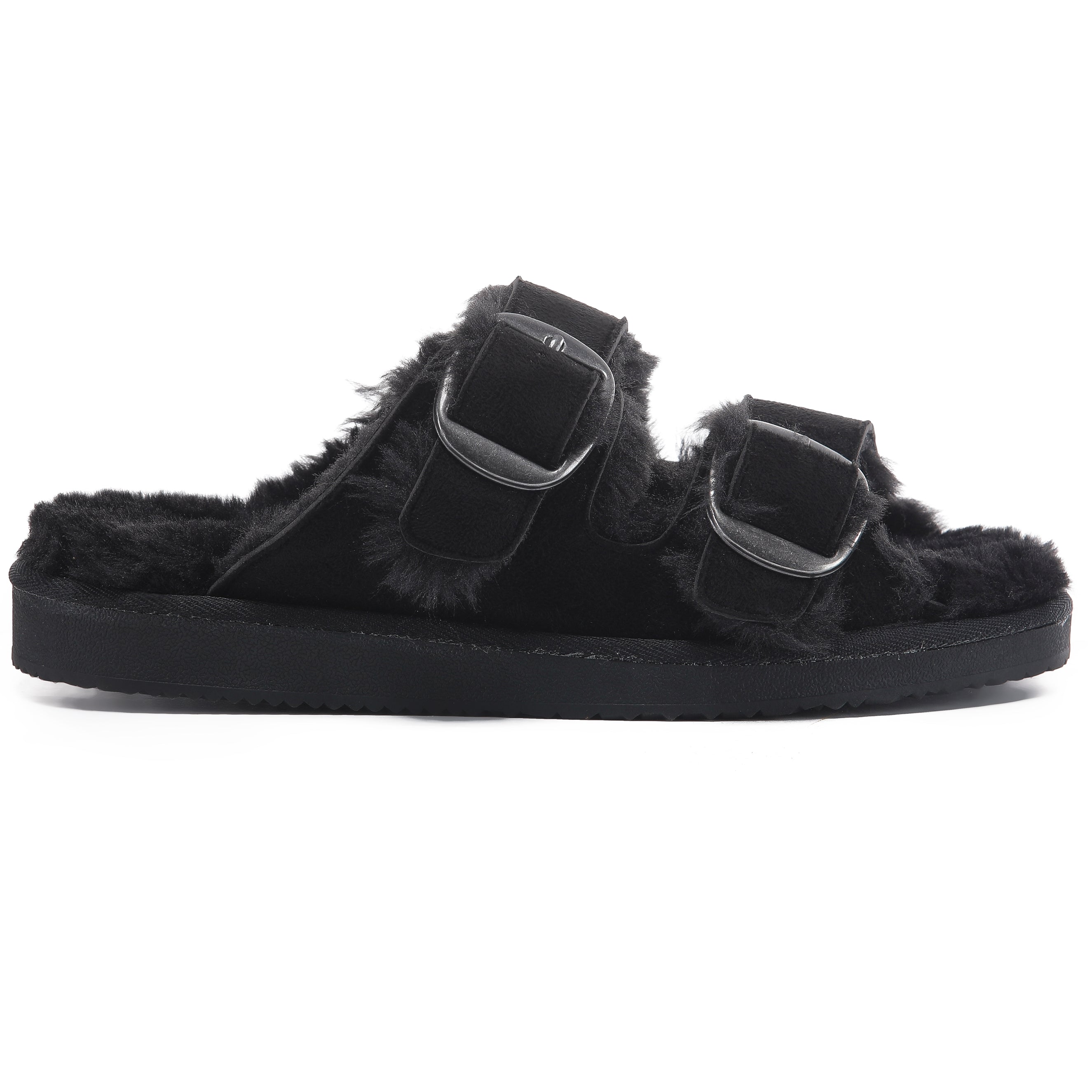 VICTORIA: Open-Toe Fur Lined Buckle Sandals