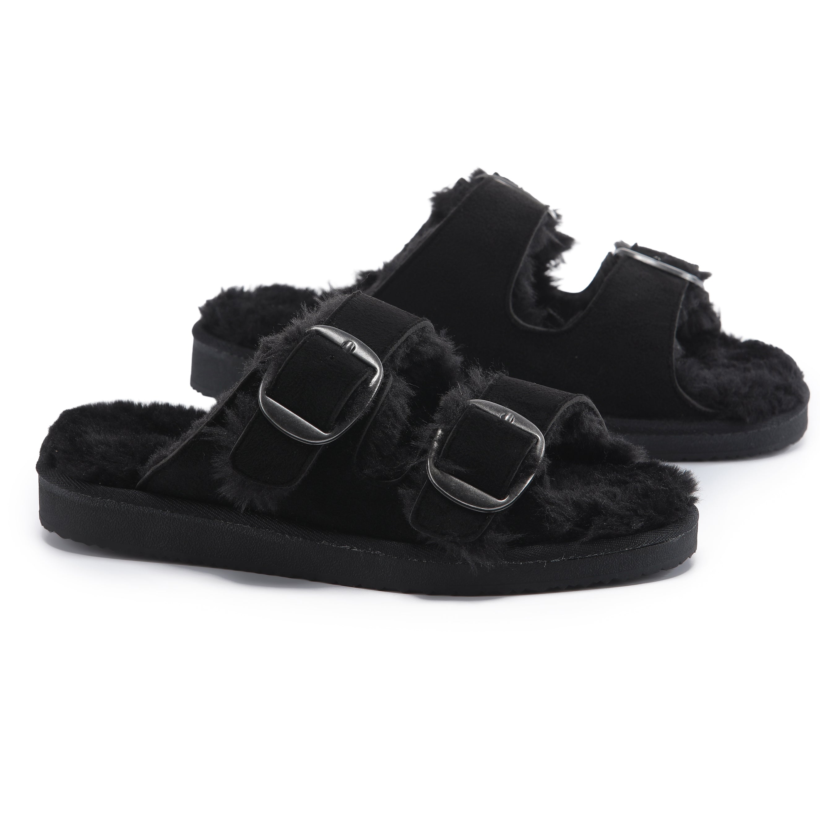 VICTORIA: Open-Toe Fur Lined Buckle Sandals