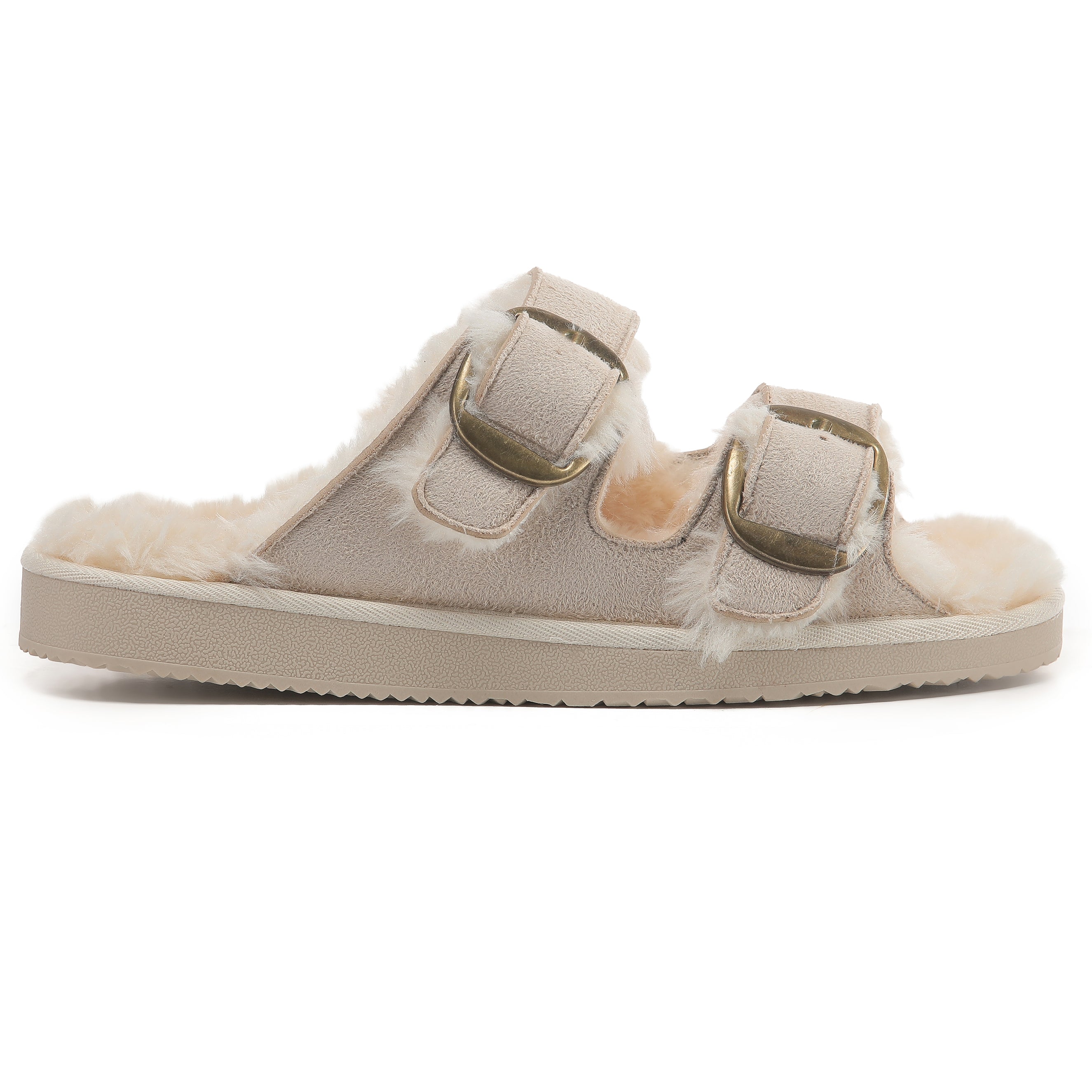 VICTORIA: Open-Toe Fur Lined Buckle Sandals
