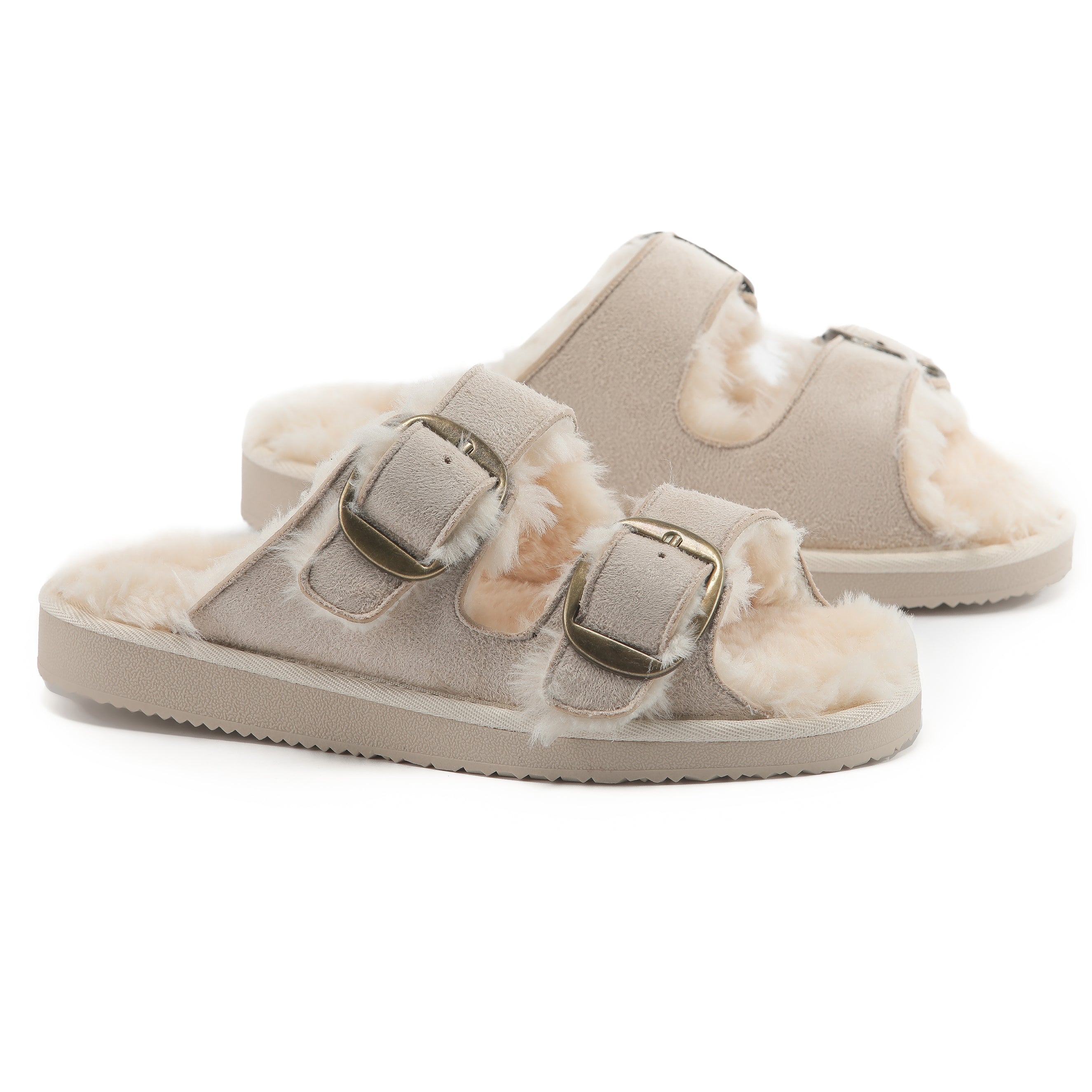 VICTORIA: Open-Toe Fur Lined Buckle Sandals