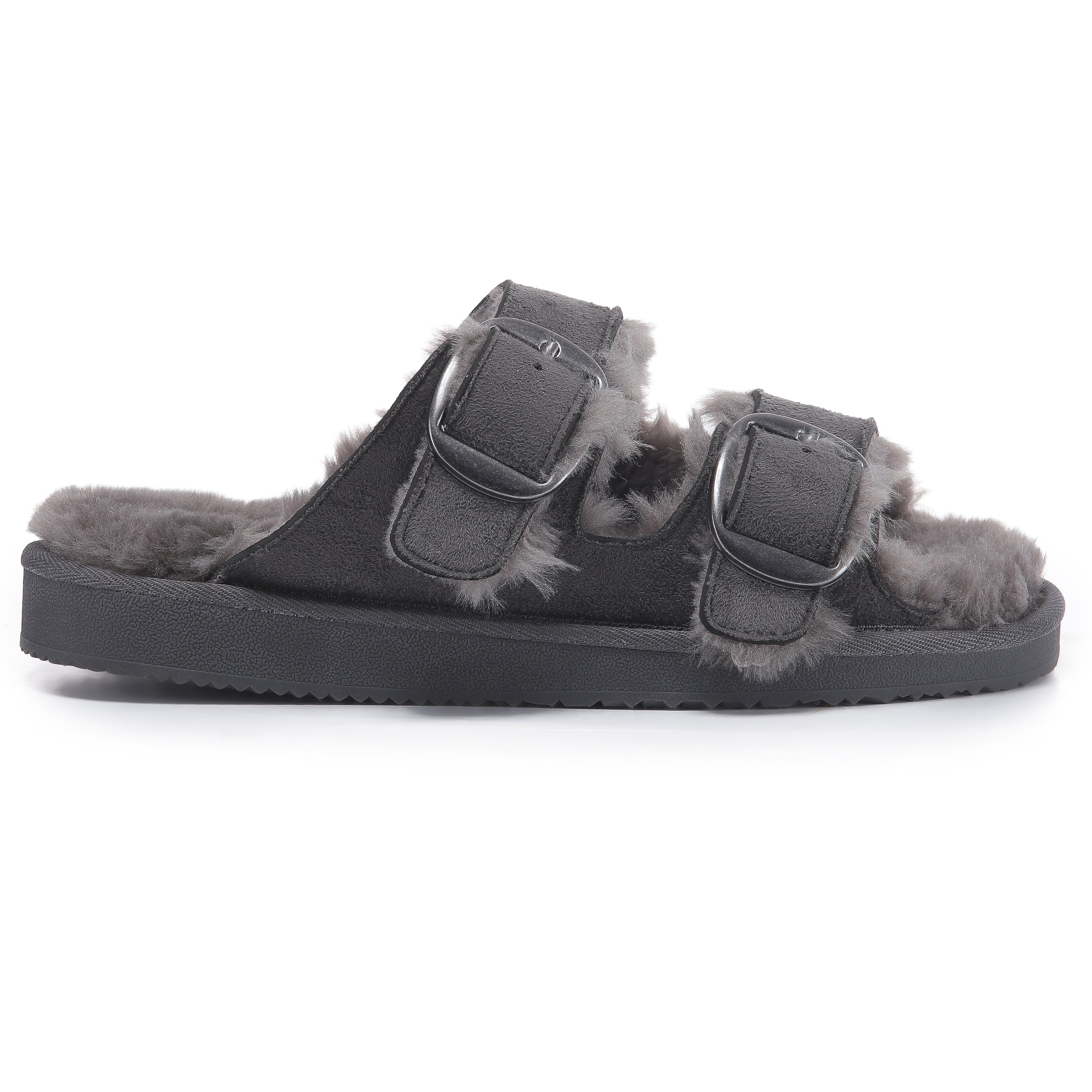 VICTORIA: Open-Toe Fur Lined Buckle Sandals