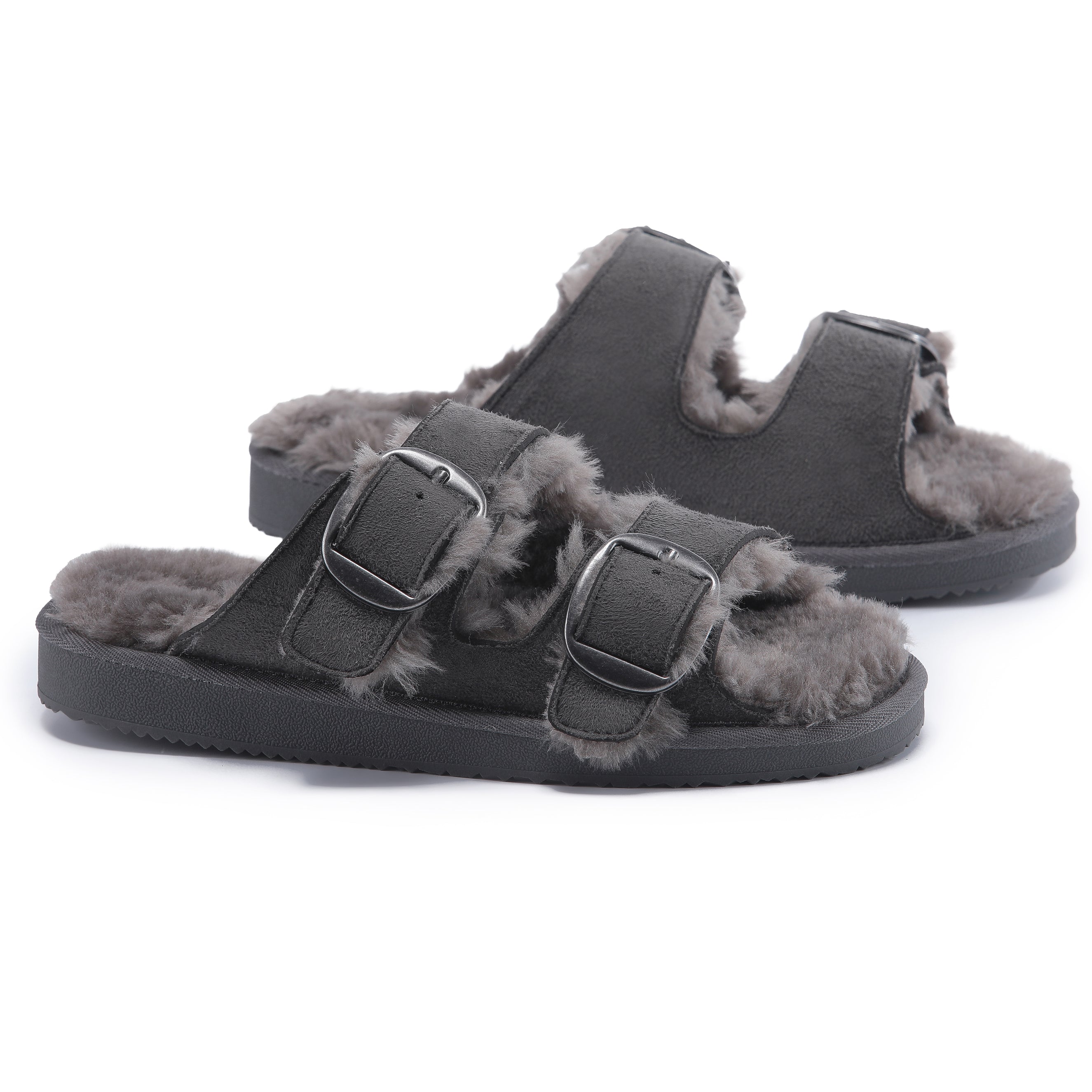 VICTORIA: Open-Toe Fur Lined Buckle Sandals