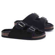 CRYSTAL: Suede Open Toe Twin Buckle Sandals